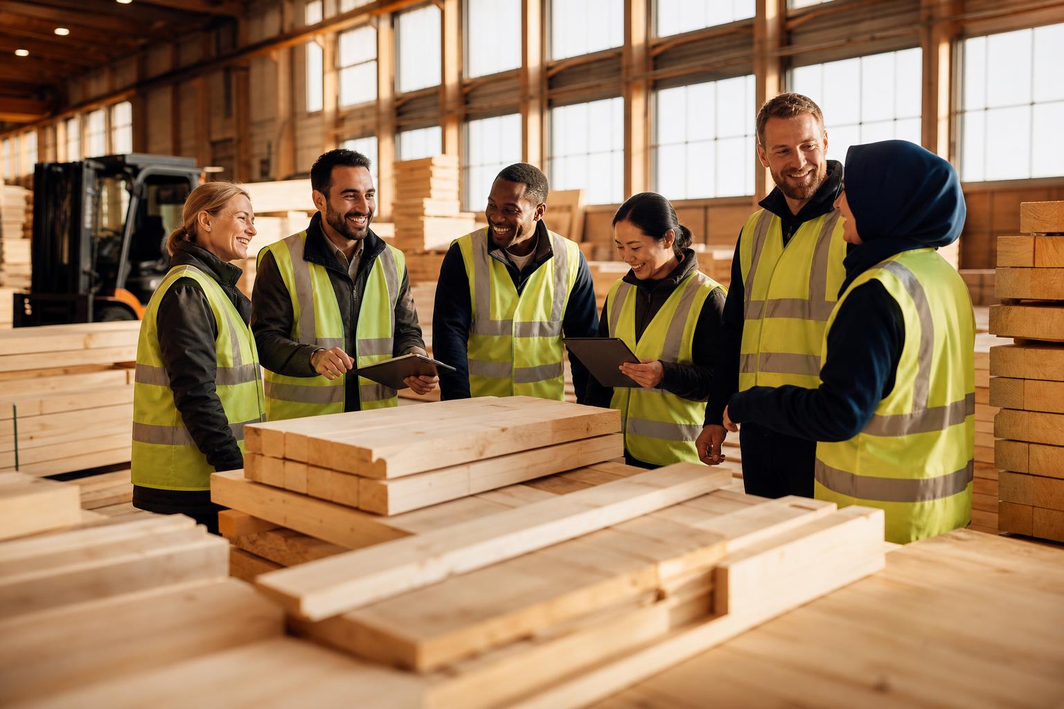 Multinational team in a timber logistics warehouse